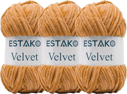 Estako Velvet (3- Skeins Pack) Chenille Blanket amigurumi Yarn for Crocheting and Knitting Super Bulky 3x100 gr (3x132 yds) (1750 - Honey Foam)