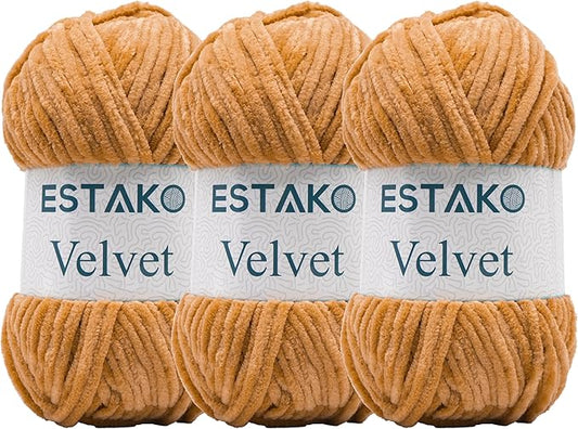Estako Velvet (3- Skeins Pack) Chenille Blanket amigurumi Yarn for Crocheting and Knitting Super Bulky 3x100 gr (3x132 yds) (1750 - Honey Foam)