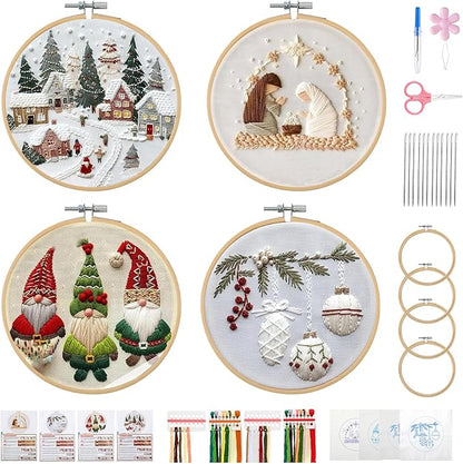 Christmas Embroidery Kit, DIY Hand Embroidery Kit, Beginner Embroidery Kit for Adults, Embroidery Christmas Ornament Kits (A)