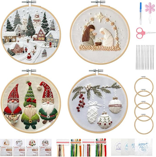 Christmas Embroidery Kit, DIY Hand Embroidery Kit, Beginner Embroidery Kit for Adults, Embroidery Christmas Ornament Kits (A)