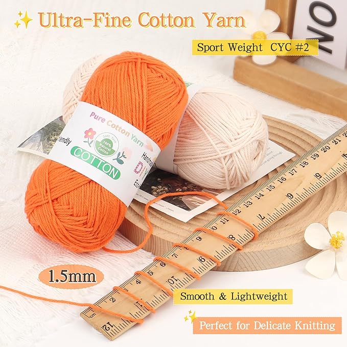 Katech 1OO% Cotton Yarn for Crocheting & Knitting–12-Color of 137 Yards/1.76 oz Baby Cotton Yarn Sport Weight CYC #2-Soft & Breathable-Ideal for Dishcloths, Baby Clothes, Potholders(F)