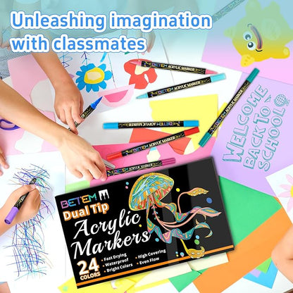 Betem Acrylic Paint Markers, Dual Tip 24 Colors Acrylic Paint Pens with Brush Tip and Fine Point, Art Supplies for Rock, Wood, Canvas, Stone, Glass, Ceramic, Rock Painting Christmas Gift