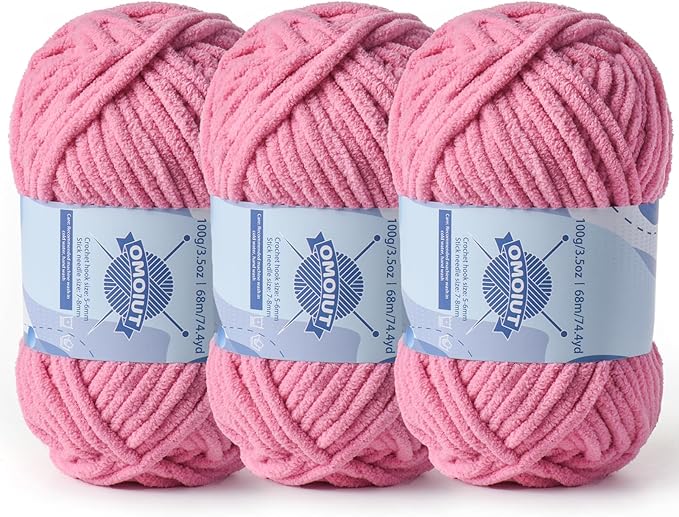 Chunky Chenille Yarn for Crocheting，Baby Yarn for Crocheting Soft Blankets，Bulky Yarns for Crochet Amigurumi，3×100g (3×74.3yds) Fluffy Velvet Yarns for Hand Knitting (3 Deep Pink)