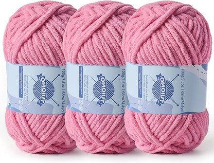 Chunky Chenille Yarn for Crocheting，Baby Yarn for Crocheting Soft Blankets，Bulky Yarns for Crochet Amigurumi，3×100g (3×74.3yds) Fluffy Velvet Yarns for Hand Knitting (3 Deep Pink)