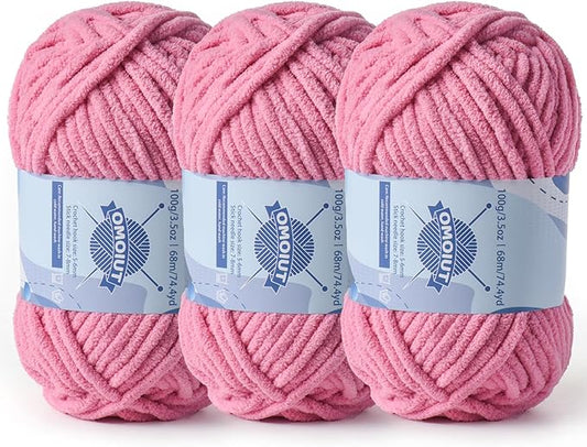 Chunky Chenille Yarn for Crocheting，Baby Yarn for Crocheting Soft Blankets，Bulky Yarns for Crochet Amigurumi，3×100g (3×74.3yds) Fluffy Velvet Yarns for Hand Knitting (3 Deep Pink)