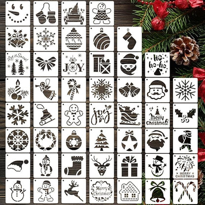 50 PCS Christmas Painting Stencils Reusable Christmas Stencils for Painting on Wood Rocks Canvas Fabric Glass Pottery 4x4 Inch
