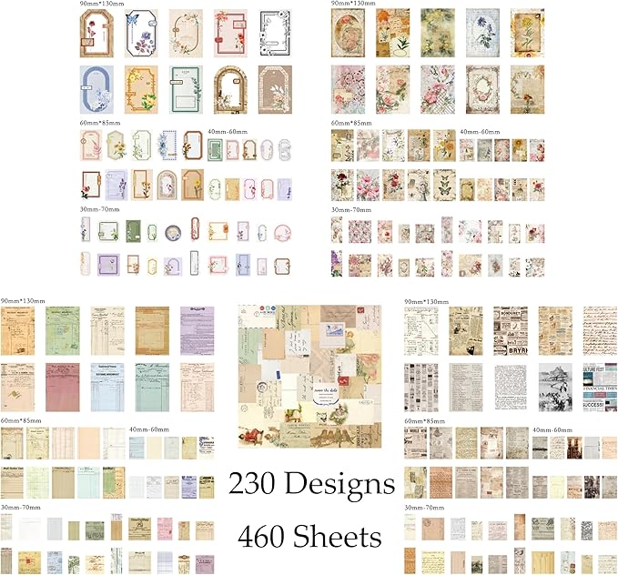 Wmhanler 460 Sheets Vintage Scrapbook Papers Journaling Scrapbooking Supplies Kit junk journal supplies Decorative Craft Paper for Planner, Bullet Journal Collage Card Embellishment Retro Crafts