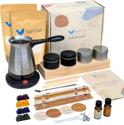SoftOwl Premium Soy Candle Making Kit with Electric Melter - Soy Wax, Big 4 Tins, 2 Pleasant Scents, Color Dyes & More - Perfect as Home Decorations - DIY Starter Scented Candles Making Kit