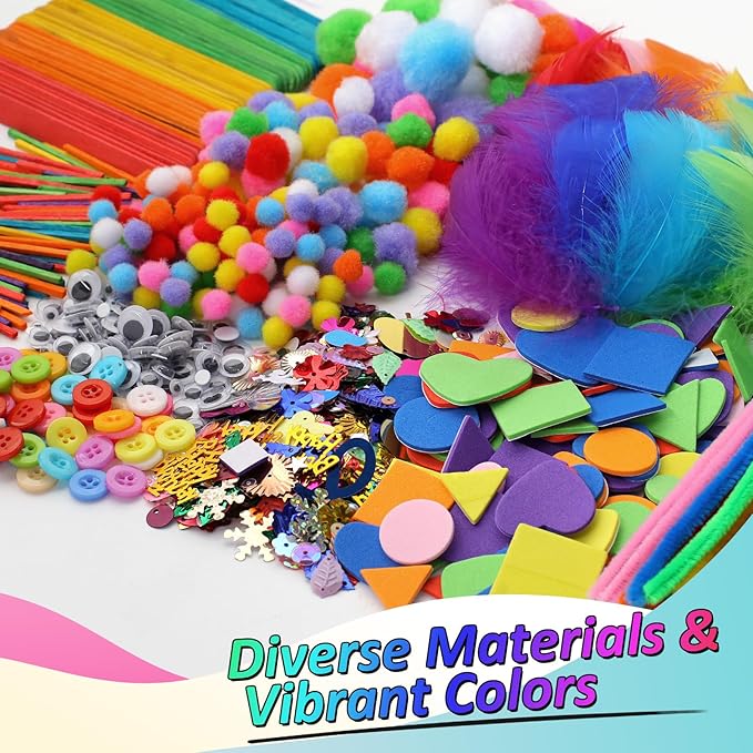 Phinus Craft Supplies Set - 9 Types of Arts & Crafts Materials, Unisex, 1000+ Pcs Kit, Suitable for Classroom, Family, Party, DIY, Art Creation & Decoration