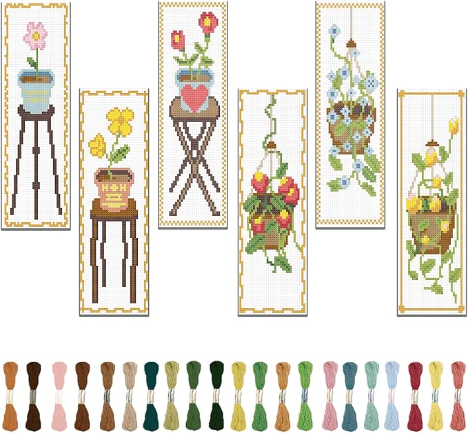 FREEBLOSS 6 Set Cross Stitch Bookmark Kit - Flowers Patterns, Stamped Embroidery Bookmark with Instruction, DIY Kit for Beginners, 8''x2.4''