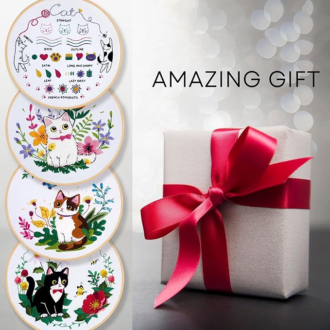 ZWZRAFT Embroidery Kit for Beginners, 4 Sets Cat Embroidery Kits, Needle Point Kits for Adults Beginner, with Full Package Sewing Supplies and Detailed Easy-to-Follow Instructions