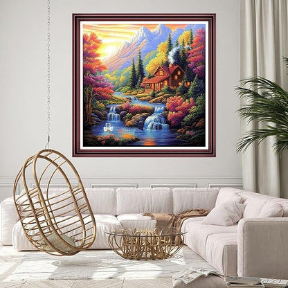 DMCCRAFT Stamped Cross Stitch Kits for Adults 11CT Printed Cross-Stitch Patterns Embroidery Kits Easy Cross Stitching Needlepoint Kits Crossstitch-Dusk Home Scenery 18x18 inch