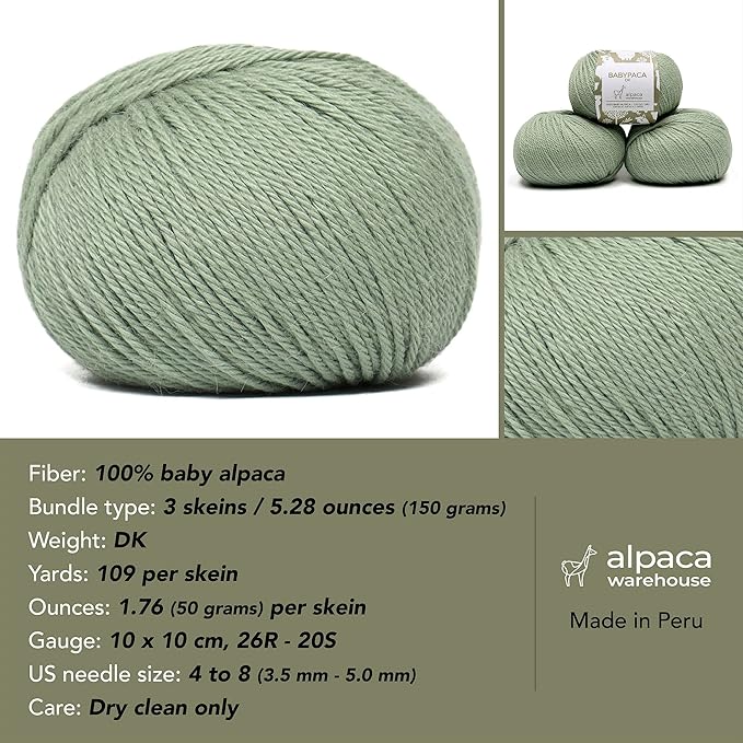 100% Baby Alpaca Yarn Wool Set of 3 Skeins (150 Grams) DK Weight - Made in Peru - Heavenly Soft and Perfect for Knitting and Crocheting (Sage Green, DK)