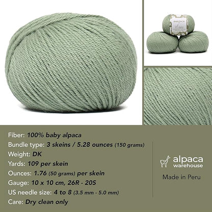 100% Baby Alpaca Yarn Wool Set of 3 Skeins (150 Grams) DK Weight - Made in Peru - Heavenly Soft and Perfect for Knitting and Crocheting (Sage Green, DK)