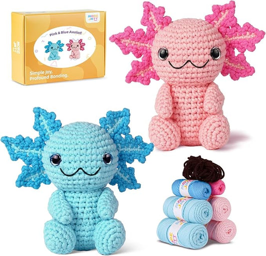 MOREJMTT Crochet Kit for Beginners, Crochet Animal Kits,Crocheting Kit for Starters with Step-by-Step Video Tutorials, Beginner Crochet Kits for Adults (2Pack Axolotl)