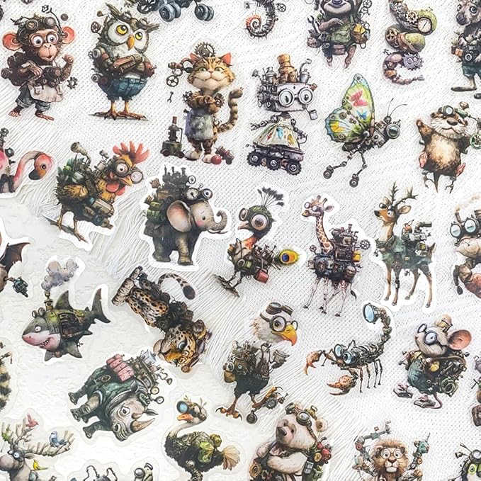 50PCS Steampunk Animal Stickers – Vintage Victorian Mechanical Creatures Waterproof Clear Stickers for Journaling, Scrapbooking, Crafts, Laptops, Art Projects