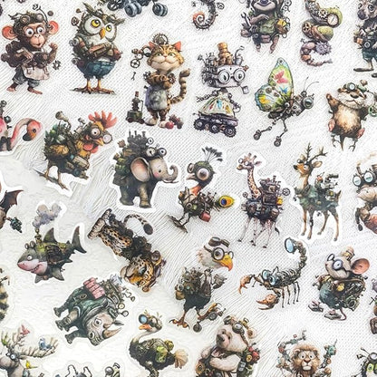 50PCS Steampunk Animal Stickers – Vintage Victorian Mechanical Creatures Waterproof Clear Stickers for Journaling, Scrapbooking, Crafts, Laptops, Art Projects