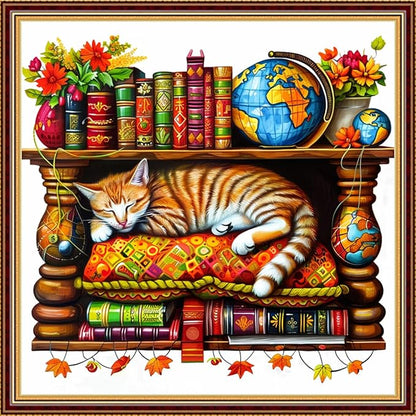 DMCVIVR Stamped Cross Stitch Kits for Adults Beginners Embroidery Kits 11CT Needlepoint Kits Cross Stitch Patterns Embroidery Patterns- Cat Sleeping in on Bookshelf 18x18 inch
