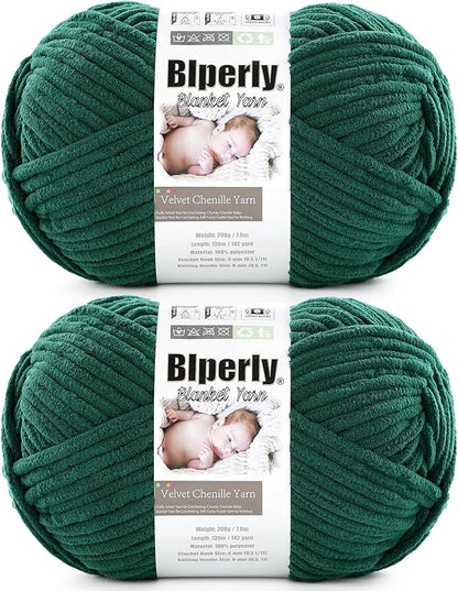 6 Super Bulky Velvet Chenille Yarn for Crocheting - 2 Skein of 200g/7 oz - Ultra Soft Heavy Weight Chunky Knitting Yarn for Baby Blankets, Amigurumi, Home Decor（Dark Green，2 Skein）