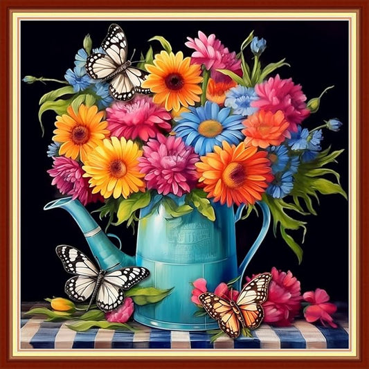 Joyhoor Stamped Cross Stitch Kits for Beginners Needlepoint Kits for Adults Embroidery Kits 11CT Counted Cross Stitch Kits Printed Embroidery Pattern- Flower Water Kettle 18x18 inchs