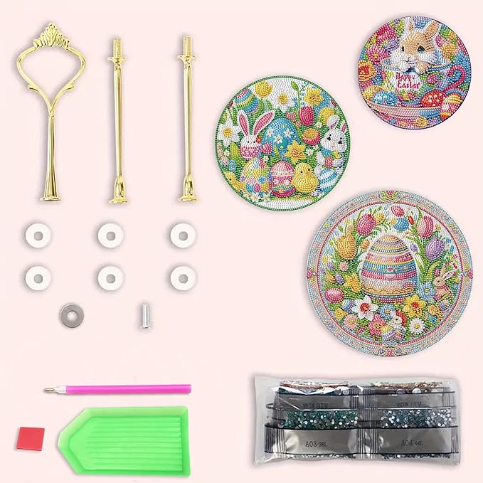 Three-Tier Diamond Painting Wooden Cake Stand DIY Sunflower Diamond Painting Cupcake Towel-Lined Tiered Tray Reusable Pastry Stand (Easter)