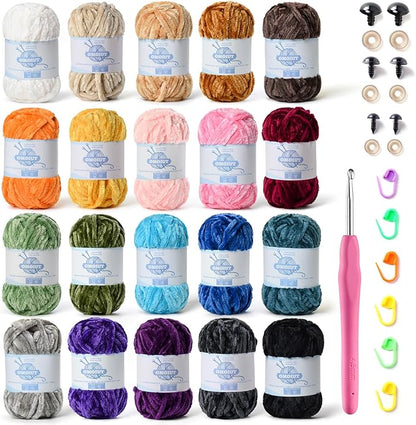 20 Pack 984 (yd) Chunky Chenille Yarn for Crocheting and Hand Knitting with Black Red White Green Yellow Rainbow Plush Velvet Yarn，Baby Blanket Yarn for Crocheting Soft Amigurumi Yarn C