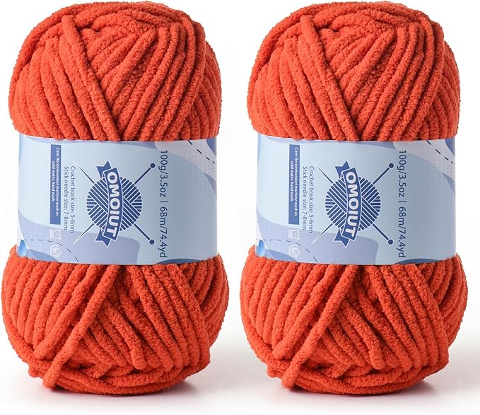 Chunky Chenille Yarn for Crocheting，Baby Yarn for Crocheting Soft Blankets，Bulky Yarns for Crochet Amigurumi，2×100g (2×74.3yds) Fluffy Velvet Yarns for Hand Knitting (2 Orange)