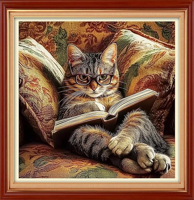 Foxhool Stamped Cross Stitch Kits,11CT Printed Cross Stitch Pattern Full Embroidery Kits for Beginner Needlepoint Kits&Cat Reading 18x18 inch
