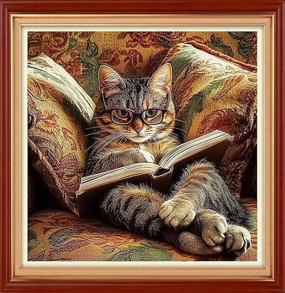 Foxhool Stamped Cross Stitch Kits,11CT Printed Cross Stitch Pattern Full Embroidery Kits for Beginner Needlepoint Kits&Cat Reading 18x18 inch