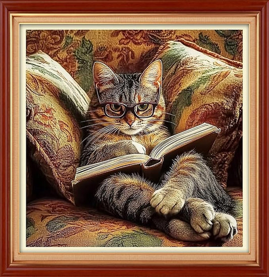 Foxhool Stamped Cross Stitch Kits,11CT Printed Cross Stitch Pattern Full Embroidery Kits for Beginner Needlepoint Kits&Cat Reading 18x18 inch