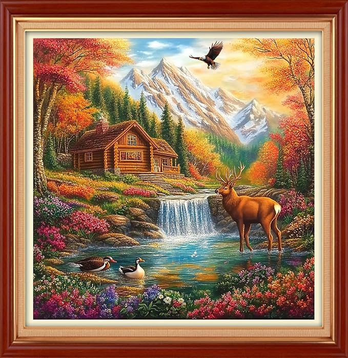 Foxhool Stamped Cross Stitch Kits,11CT Printed Cross Stitch Pattern Full Embroidery Kits for Beginner Needlepoint Kits&Autumn Scenery elk 18x18 inch