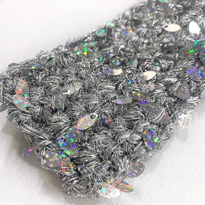 Artisanal Yarn Collection Multifiber Multicolored Fancy Yarn with Laser Sequins for Knitting Crocheting Crafts DIY, Set of 3 Rolls (Laser Silver)
