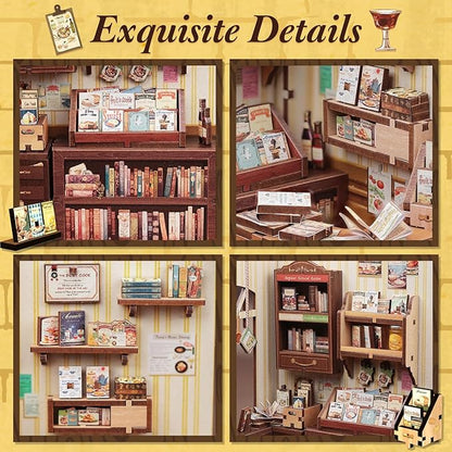 Fsolis Book Nook Kit - DIY Miniature Dollhouse Kit 3D Puzzles for Adult Beginners Tiny House Mini Booknook Craft Bookshelf Decor, 156 Wooden Pieces, Gifts for Women Teenagers (Cooking Bookstore)