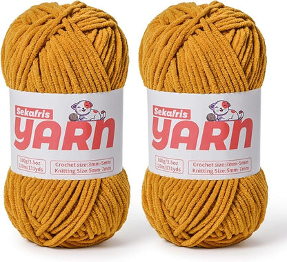 2 Pack Plush Chunky Chenille Yarn for Crocheting, Soft Fluffy Velvet Yarn for Crocheting Amigurumi, Fuzzy Baby Blanket Knitting 200g/262yds Bulky(2 Ginger Color)