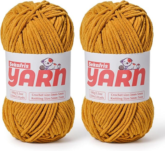 2 Pack Plush Chunky Chenille Yarn for Crocheting, Soft Fluffy Velvet Yarn for Crocheting Amigurumi, Fuzzy Baby Blanket Knitting 200g/262yds Bulky(2 Ginger Color)