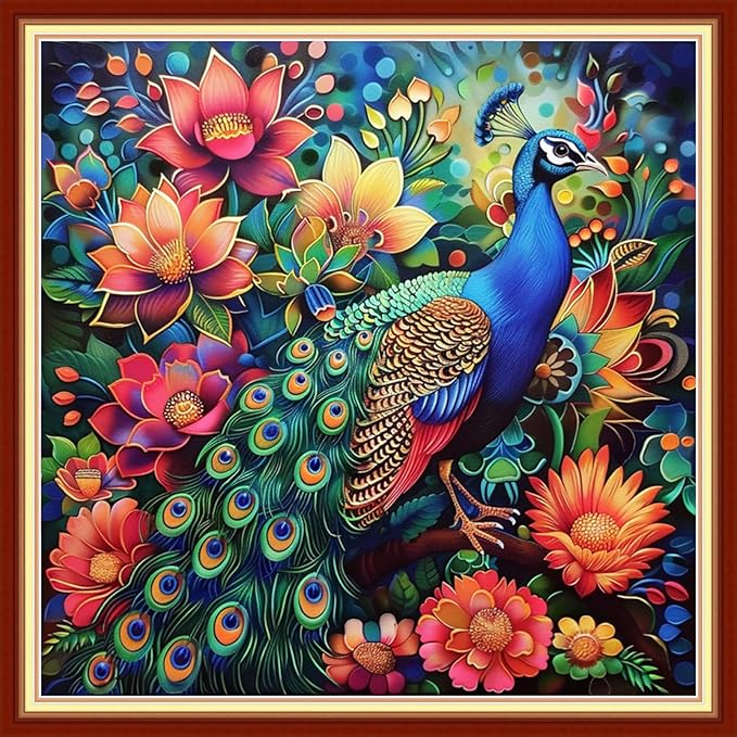 Funchey Stamped Cross Stitch Kits, DIY Cross Stitch Pattern for Adults Beginners Needlepoint Kits Embroidery Kit Arts and Crafts 11CT&Peacock Flower 18x18 inchs
