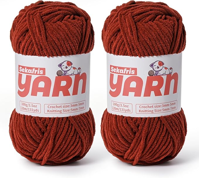 2 Pack Plush Chunky Chenille Yarn for Crocheting, Soft Fluffy Velvet Yarn for Crocheting Amigurumi, Fuzzy Baby Blanket Knitting 200g/262yds Bulky(2 Coffee)