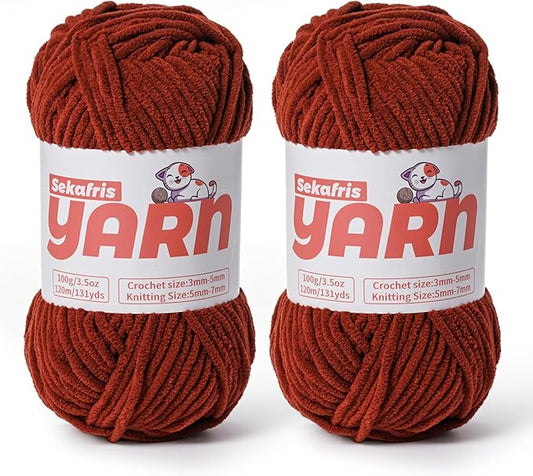 2 Pack Plush Chunky Chenille Yarn for Crocheting, Soft Fluffy Velvet Yarn for Crocheting Amigurumi, Fuzzy Baby Blanket Knitting 200g/262yds Bulky(2 Coffee)
