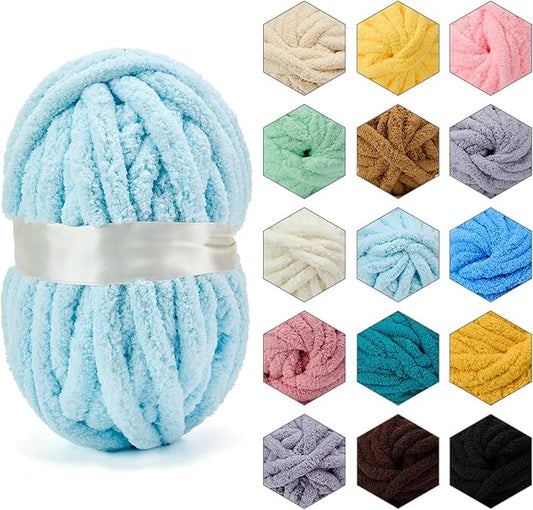 ERLYEEN Chenille Chunky Yarn Super Bulky Soft Thick Fluffy Jumbo Giant Washable Polyester Big Yarn DIY for Arm Knit Blanket Cushion Bed Sofa Home Decor,Light Blue,0.55LB