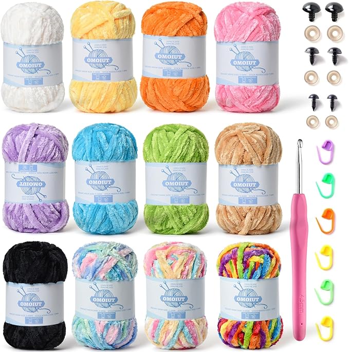 12 Pack 590 (yd) Chunky Chenille Yarn for Crocheting and Hand Knitting with Black Red White Green Yellow Rainbow Plush Velvet Yarn，Baby Blanket Yarn for Crocheting Soft Amigurumi Yarn