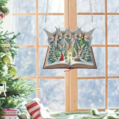 5D Christmas Diamond Painting Pendant Kit, Magic Book with Flying Elf and Snowy Forest, DIY Crystal Diamond Art Hanging Sign for Window, Door & Wall, Fantasy Home Decoration Gift, 24.1 x 20.4 cm