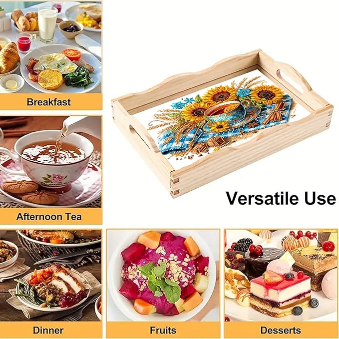 DoxQcs DIY Diamond Art Wooden Food Tray with Handle Diamond Painted Table Decoration Tray for Breakfast Bar Dinner Table Diamonds Art Painting for Beginners-Afternoon Tea
