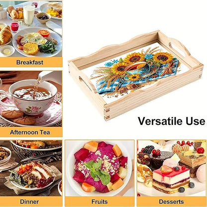 DoxQcs DIY Diamond Art Wooden Food Tray with Handle Diamond Painted Table Decoration Tray for Breakfast Bar Dinner Table Diamonds Art Painting for Beginners-Afternoon Tea