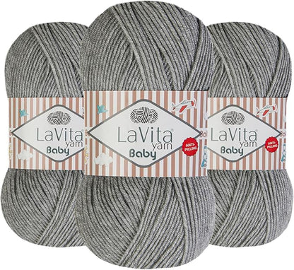 LaVita Baby Premium Anti-Pill Acrylic Yarn - 820 Yards, 3 x 3.5 oz - Warm, Airy Fiber with Silky Texture - Oeko-TEX Certified, Durable, Lightweight, Long-Lasting, Solid Pastel Colors - 3 Skeins Pack