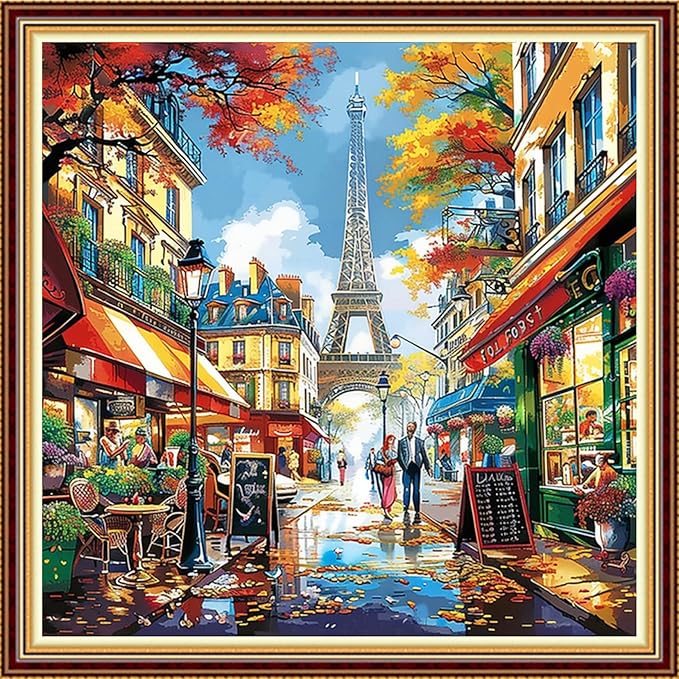 DMCVIVR Stamped Cross Stitch Kits for Adults Beginners Embroidery Kits 11CT Needlepoint Kits Cross Stitch Patterns Embroidery Patterns-Flower Street Iron Tower 18x18 inch