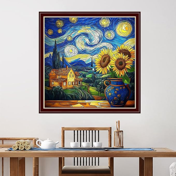 Dimensean Stamped Cross Stitch Kits Full Range of Embroidery Patterns Starter Kits for Beginners Adult DIY Cross Stitches Needlepoint Kits 11CT- Van Gogh Starry Sky Sunflower 18x18 inch