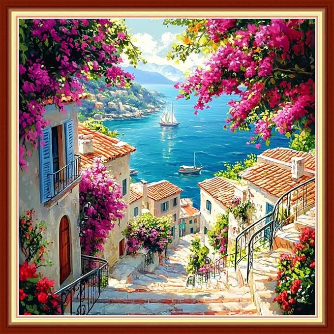 Redxing Stamped Cross Stitch Kits Embroidery kit for Beginners Adults Full Range of Embroidery Patterns Starter Kits DIY Printed Cross Stitch Kits Needlepoint Kits 11CT-Seaside Scenery 18x18 inchs