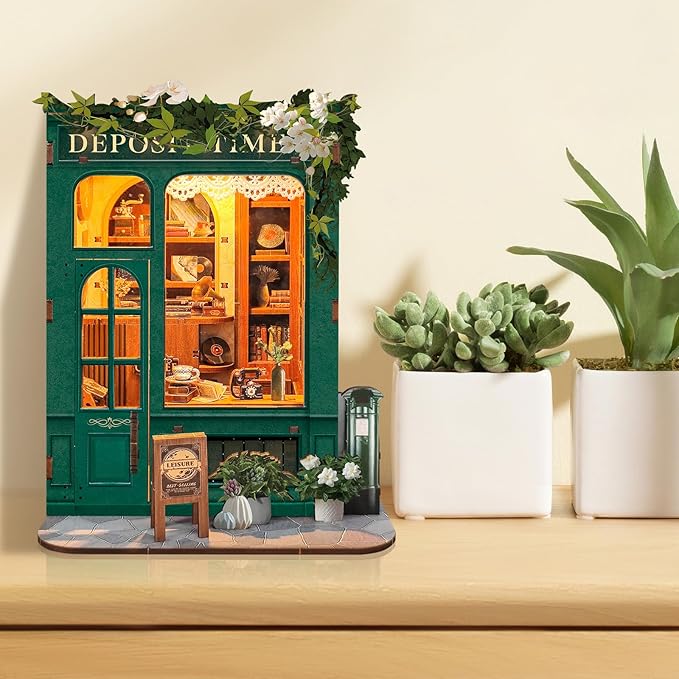 Foyucool DIY Book Nook Kit, Miniature Bookshelf Decor with LED Lights, Laser-Cut Wooden Craft Set for Adults, Creative Gift for Christmas, Birthday, Leisure Time