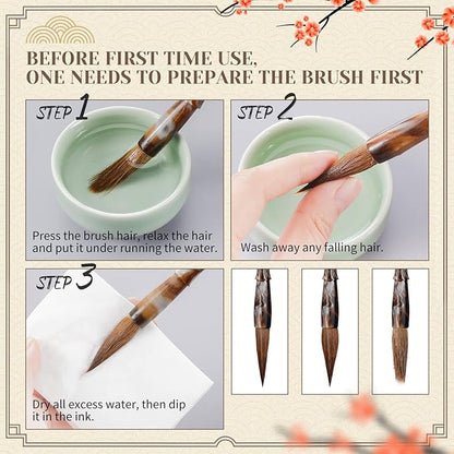 14 Pieces Chinese Calligraphy Brushes Gift Set Painting Brushes Watercolor Tools Set Sumi Painting Kanji Art New Year Gift with Calligraphy Copy Card and Professional Water Writing Cloth for Beginners
