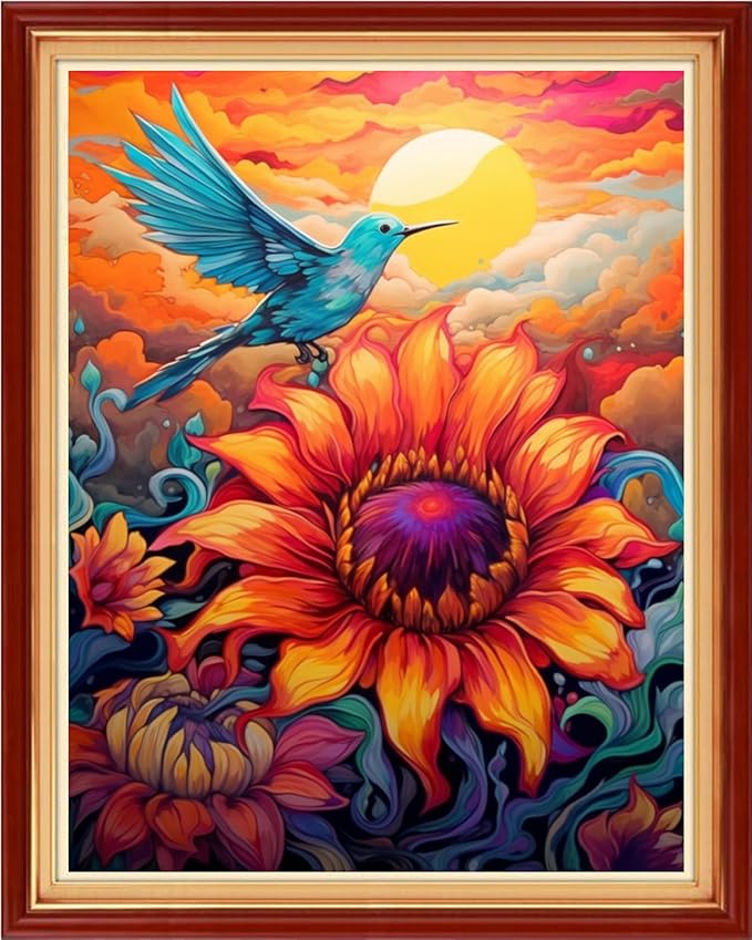 Foxhool Stamped Cross Stitch Kits,11CT Printed Cross Stitch Pattern Full Embroidery Kits for Beginner Needlepoint Kits-Little Bird Sunflower 16x20 inchs